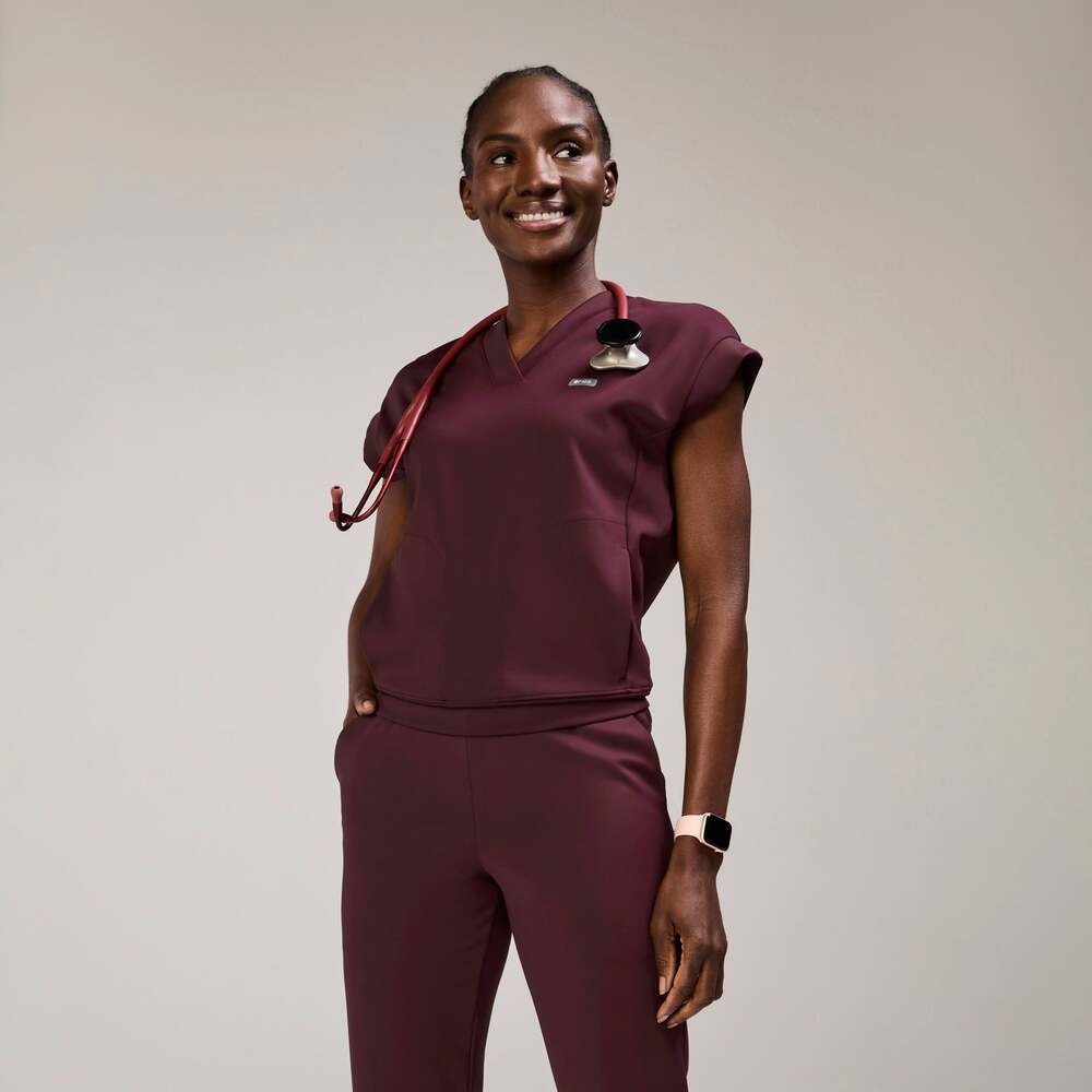 FIGS Women’s Mira Banded V-Neck Scrub Top in Burgundy Size XL